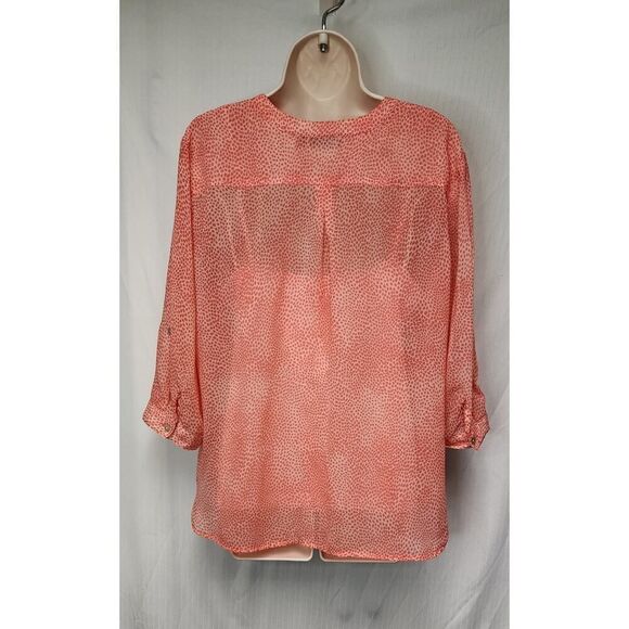 APT.9 Women's Noched V-Neck Roll-Tab 3/4 Sleeve Multi-Orange Sheer Blouse XLP - Picture 5 of 12